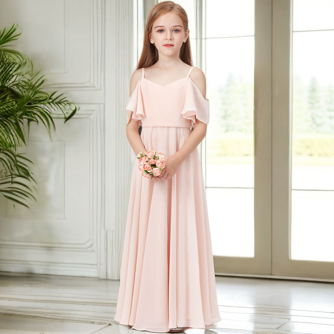 Simple A-Line Cold Shoulder Cape Floor-Length Chiffon Junior Bridesmaid Dress/Girls Birthday Dresses Gidiondress