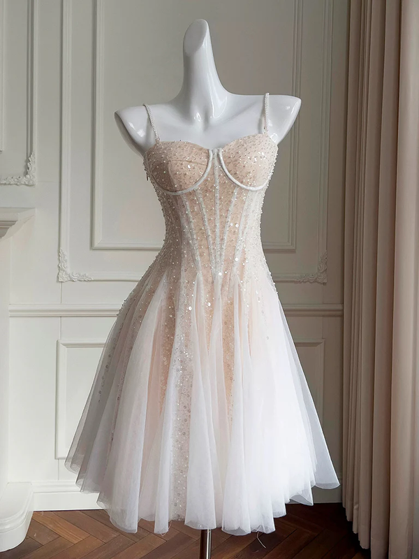 A-Line Sweetheart Neck Tulle Sequin Champagne Short Prom Dress, Cute Homecoming Dress Homecoming Dress BabaMila