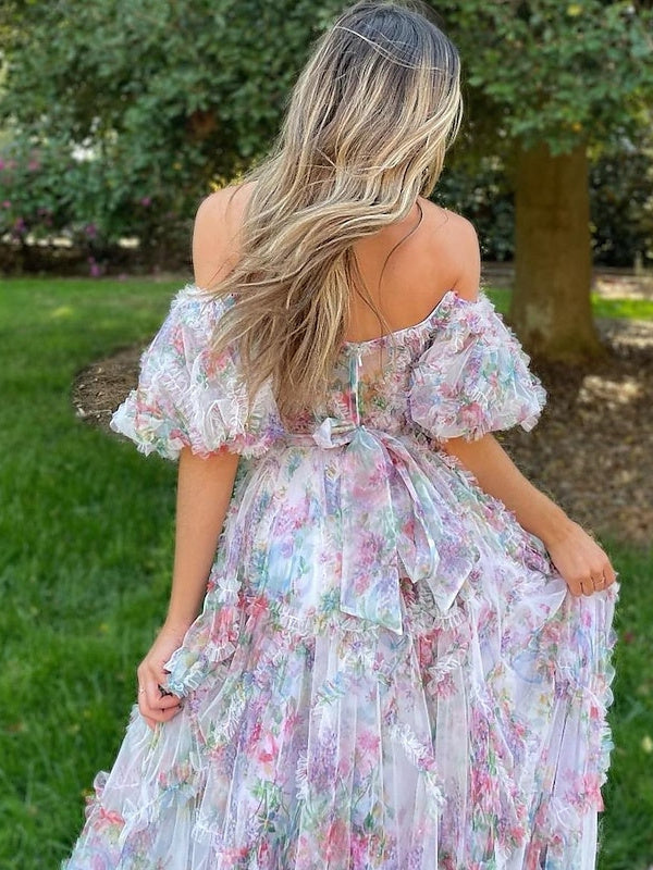 A-Line/Princess Off-the-Shoulder Puff Sleeve Floor-Length Sweetheart Prom Dress BabaMila