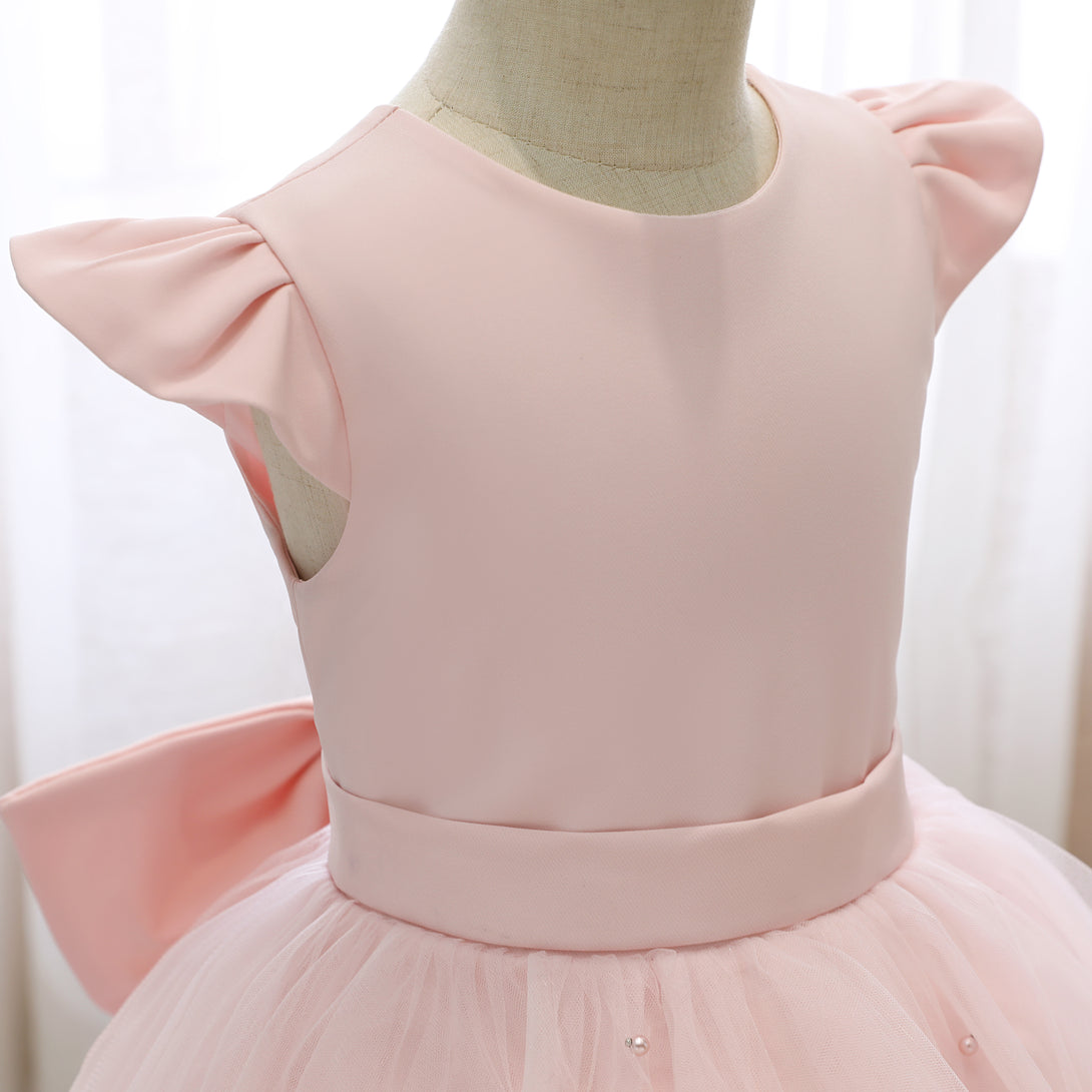 Scoop Neck Flutter Straps Knee-Length Satin/Tulle Holiday＆Christmas Dresses With Bow/Belt/Beads Gidiondress