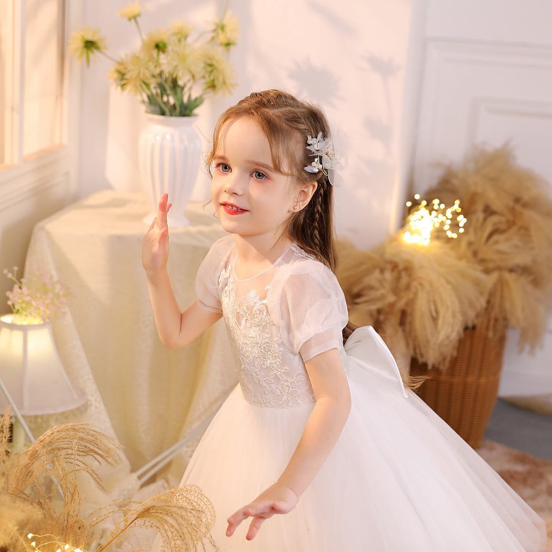 Ball Gown/Princess Scoop Neck Short Sleeve Lace/Tulle/Satin Ivory Tea-Length Flower Girl Dresses/Party Dresses With Appliques/Bow Girls Gidiondress