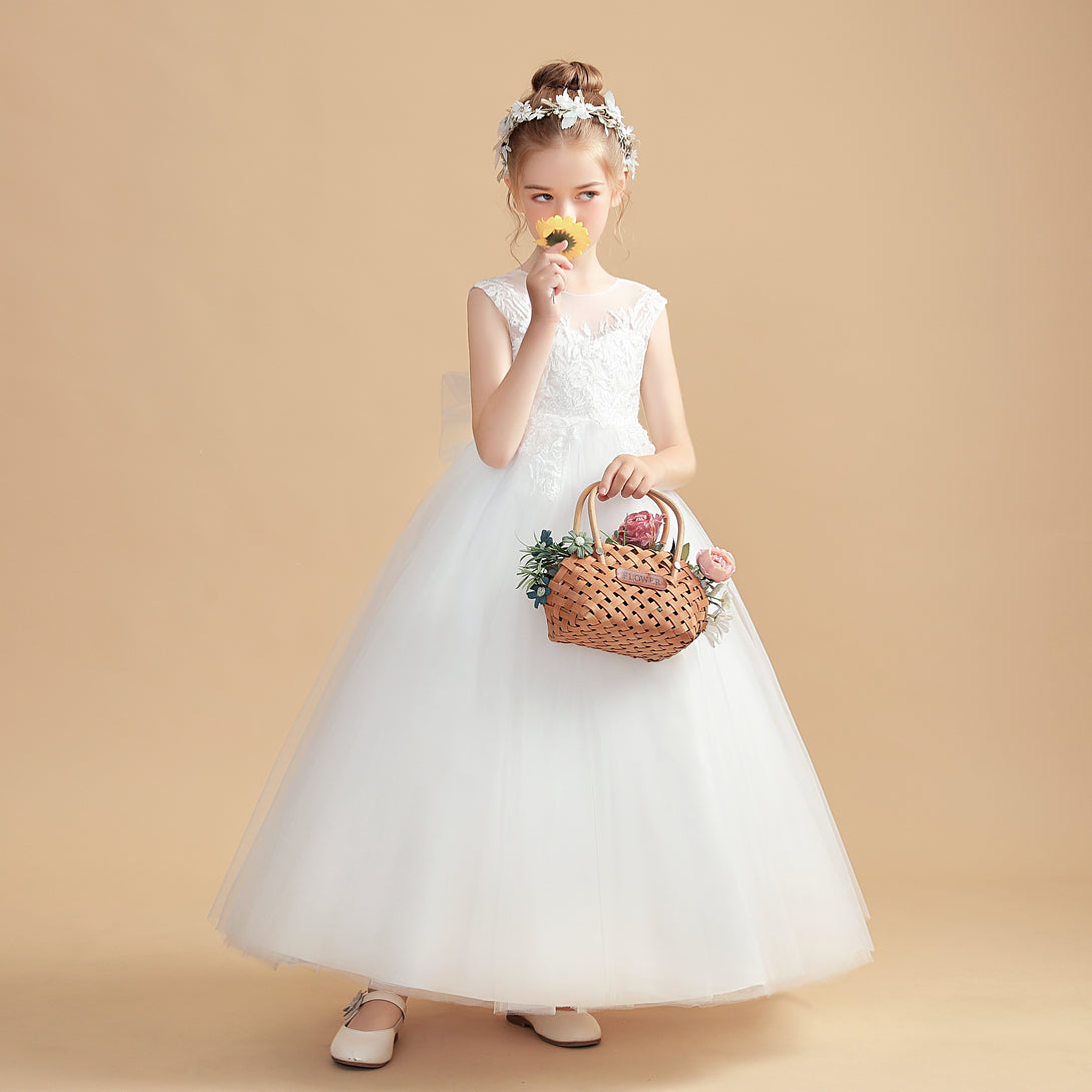 Ball Gown/Princess Sleeveless Scoop Neck Floor-Length Tulle/Lace Flower Girl Dresses/First Communion Dress With Bow/Appliques Gidiondress