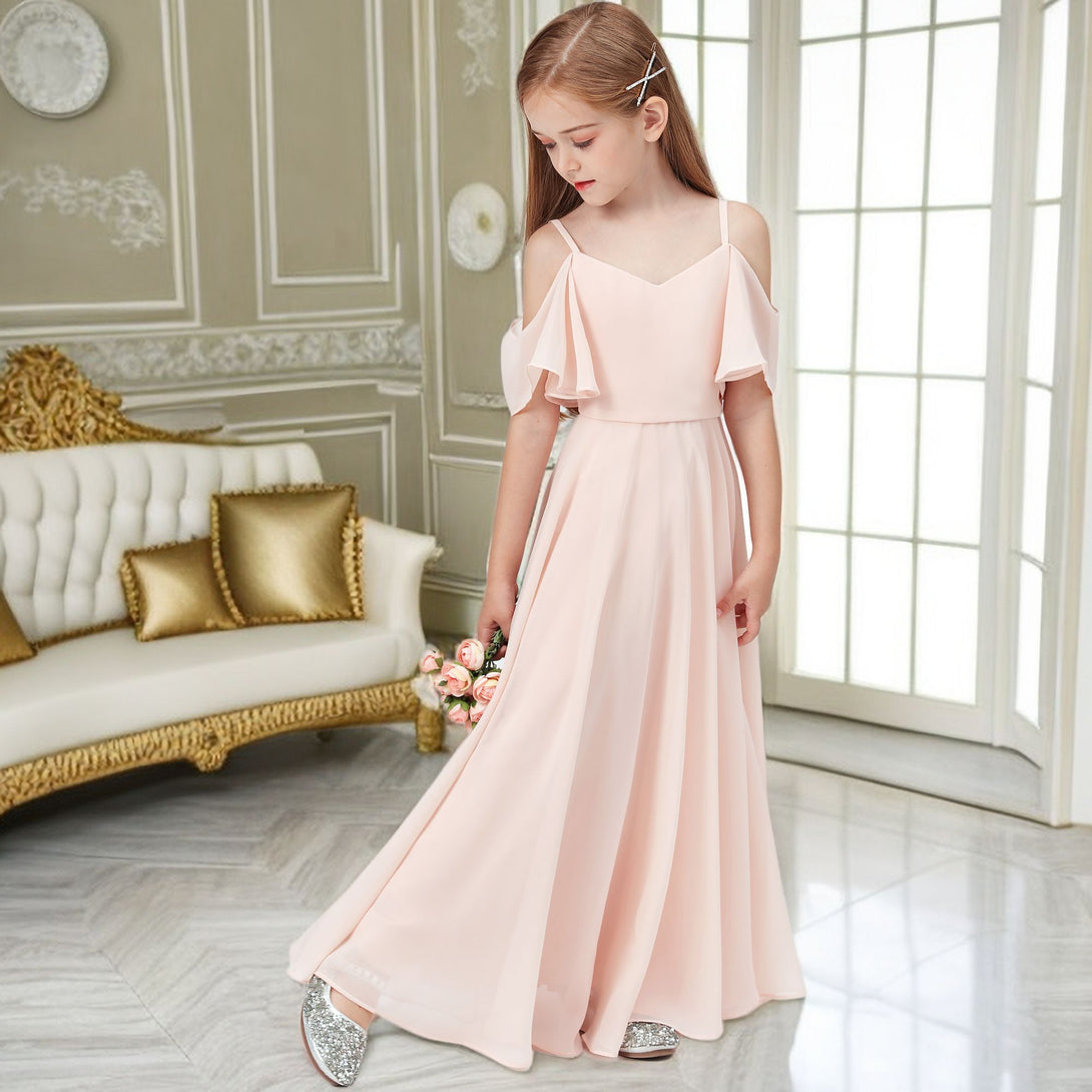 Simple A-Line Cold Shoulder Cape Floor-Length Chiffon Junior Bridesmaid Dress/Girls Birthday Dresses Gidiondress as picture 12M