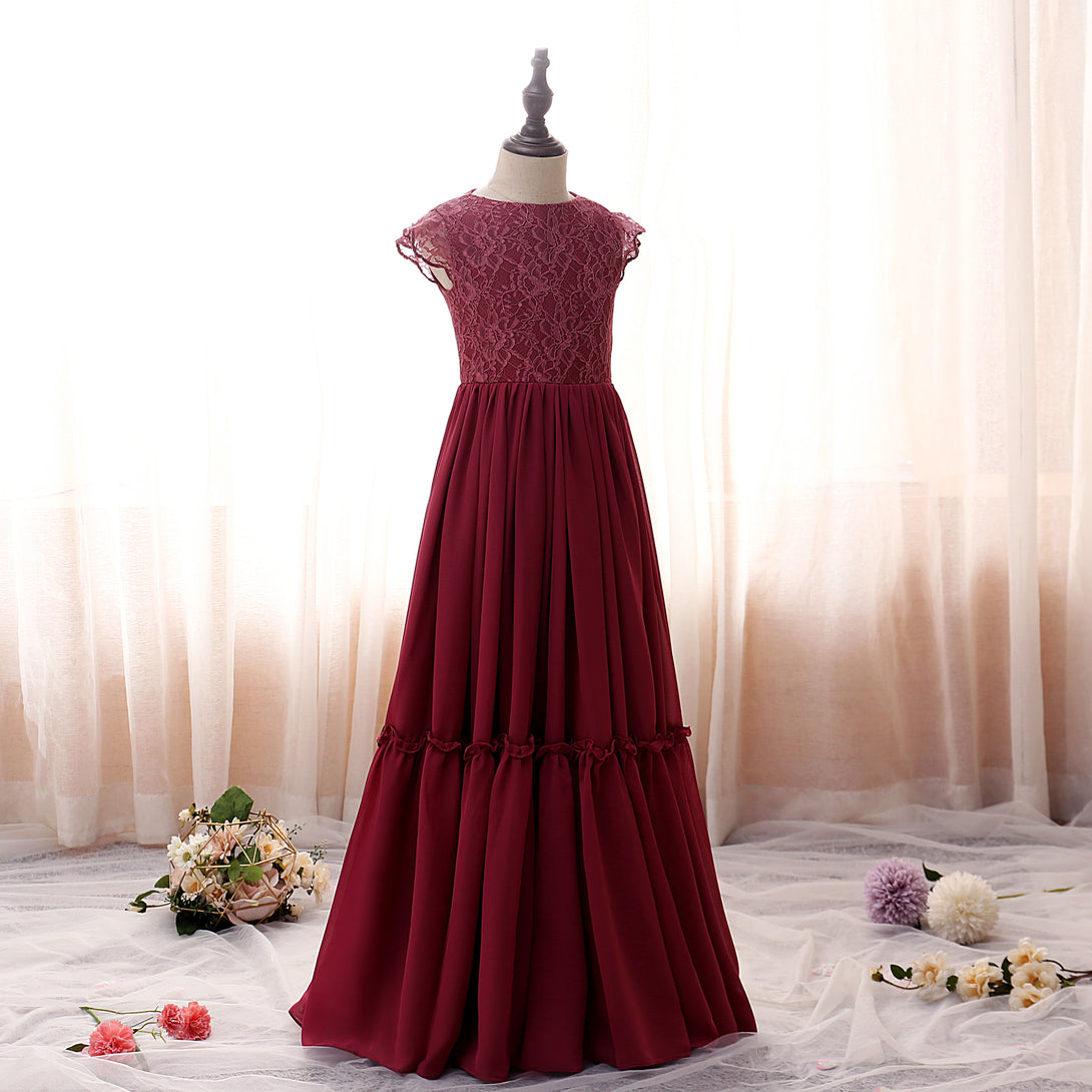 Boat Neck Flutter Straps Floor-Length Lace/Chiffon Girls Birthday Dresses With Ruffled Hem Gidiondress