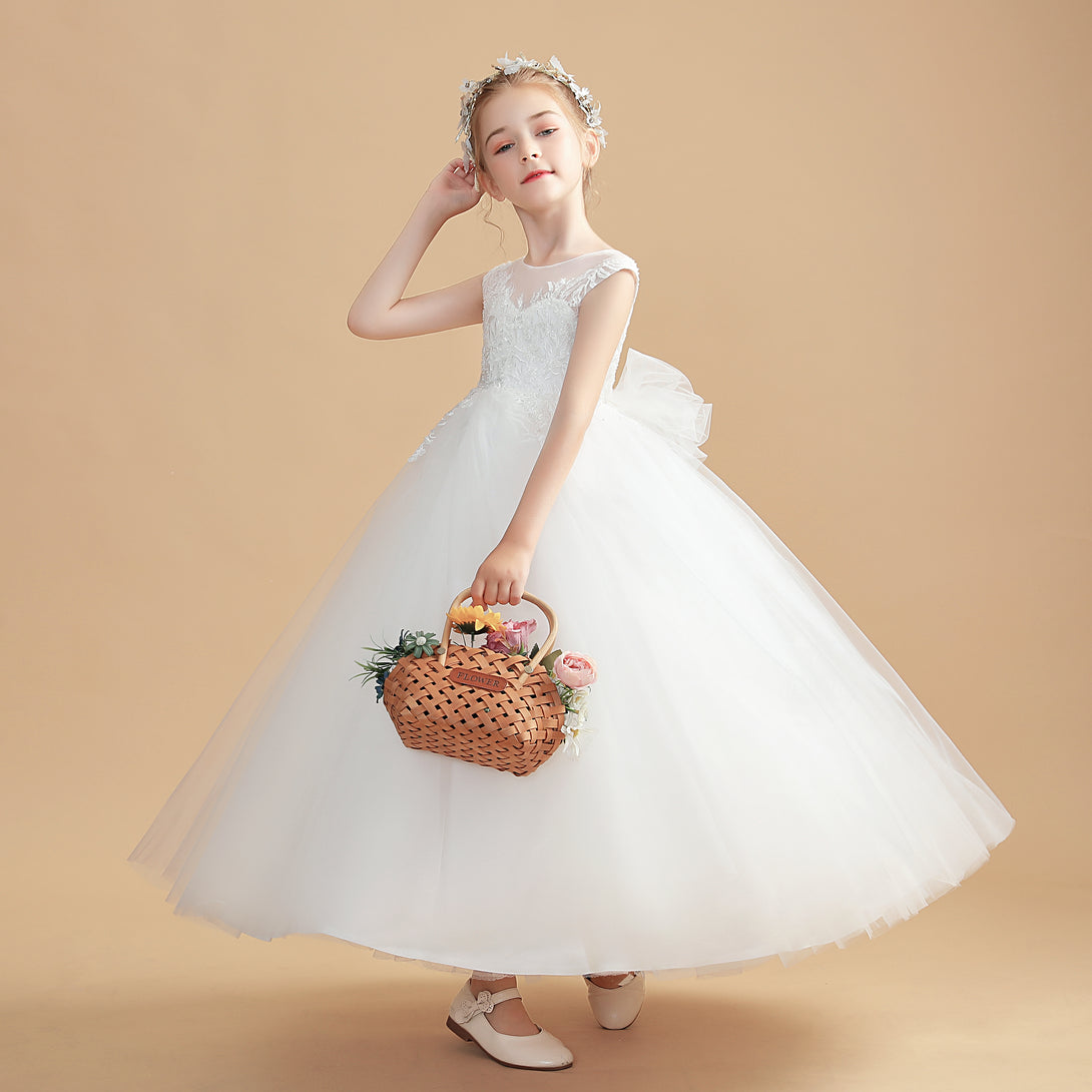 Ball Gown/Princess Sleeveless Scoop Neck Floor-Length Tulle/Lace Flower Girl Dresses/First Communion Dress With Bow/Appliques Gidiondress