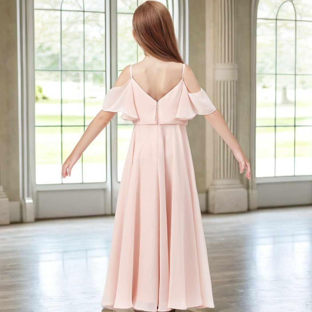 Simple A-Line Cold Shoulder Cape Floor-Length Chiffon Junior Bridesmaid Dress/Girls Birthday Dresses Gidiondress