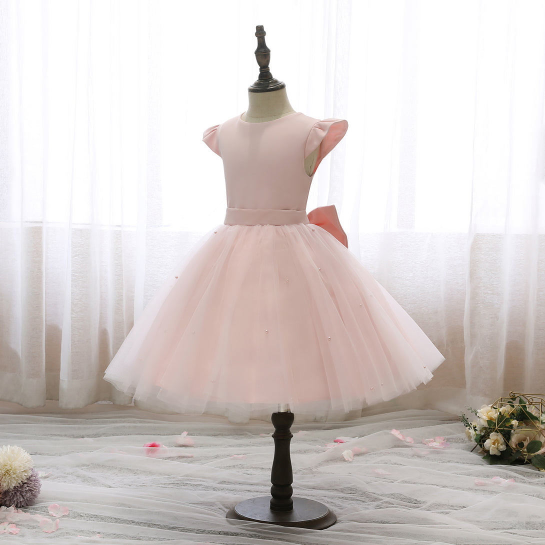 Scoop Neck Flutter Straps Knee-Length Satin/Tulle Holiday＆Christmas Dresses With Bow/Belt/Beads Gidiondress