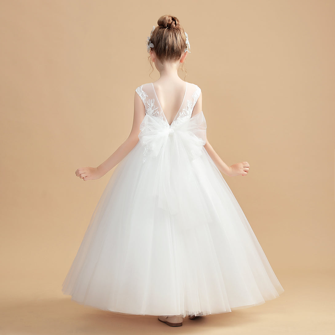 Ball Gown/Princess Sleeveless Scoop Neck Floor-Length Tulle/Lace Flower Girl Dresses/First Communion Dress With Bow/Appliques Gidiondress