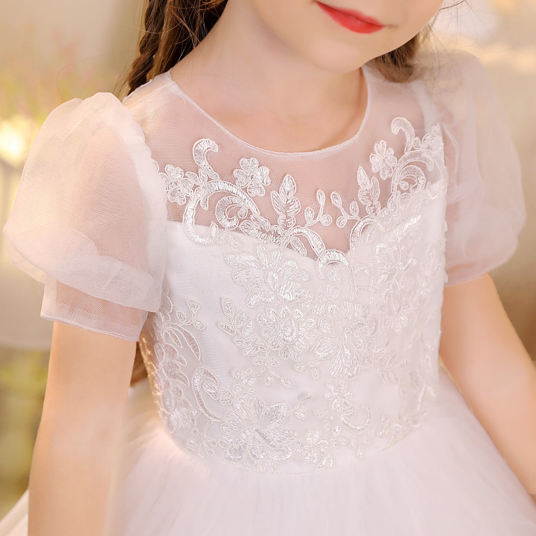 Ball Gown/Princess Scoop Neck Short Sleeve Lace/Tulle/Satin Ivory Tea-Length Flower Girl Dresses/Party Dresses With Appliques/Bow Girls Gidiondress