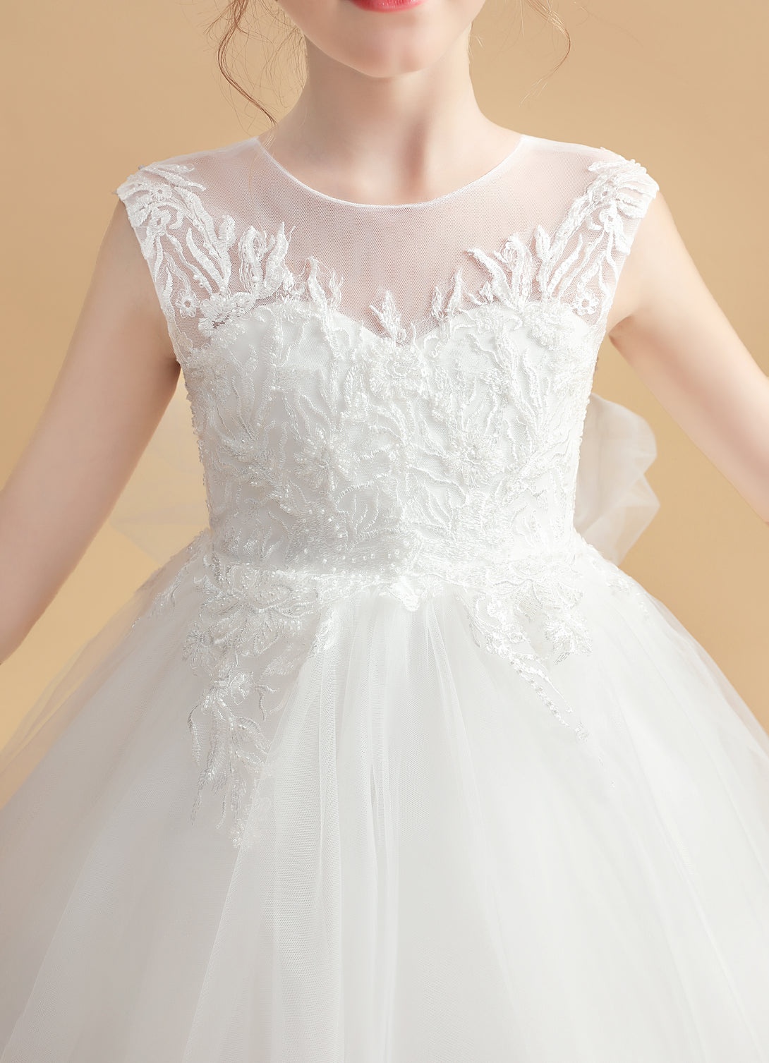 Ball Gown/Princess Sleeveless Scoop Neck Floor-Length Tulle/Lace Flower Girl Dresses/First Communion Dress With Bow/Appliques Gidiondress