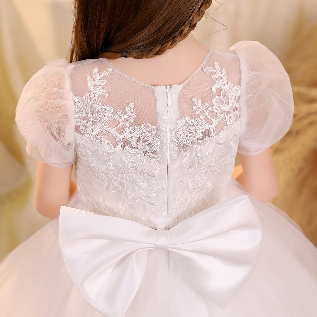 Ball Gown/Princess Scoop Neck Short Sleeve Lace/Tulle/Satin Ivory Tea-Length Flower Girl Dresses/Party Dresses With Appliques/Bow Girls Gidiondress