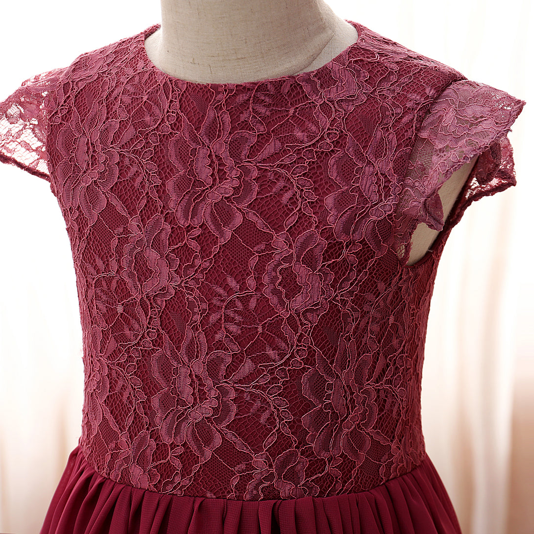 Boat Neck Flutter Straps Floor-Length Lace/Chiffon Girls Birthday Dresses With Ruffled Hem Gidiondress