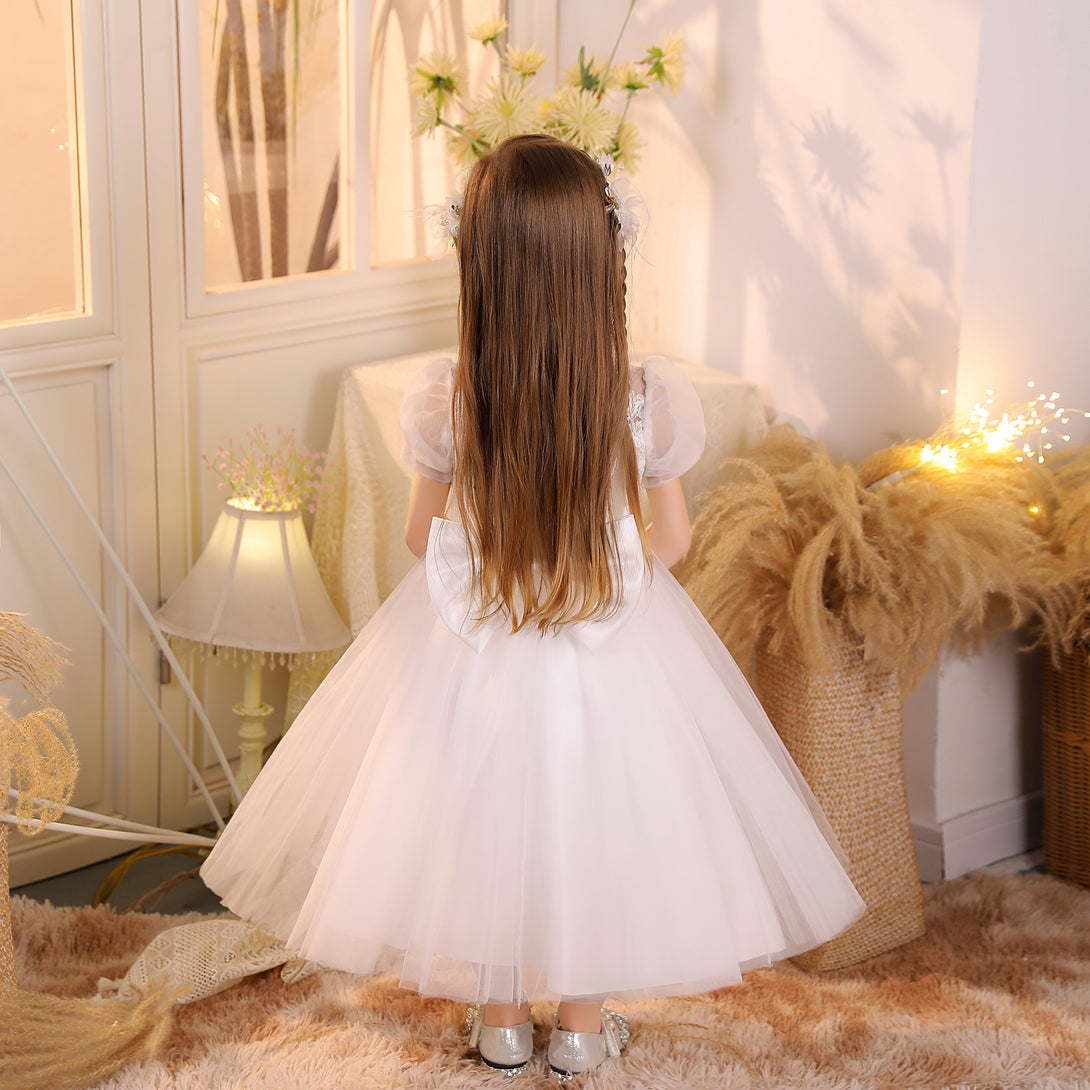 Ball Gown/Princess Scoop Neck Short Sleeve Lace/Tulle/Satin Ivory Tea-Length Flower Girl Dresses/Party Dresses With Appliques/Bow Girls Gidiondress