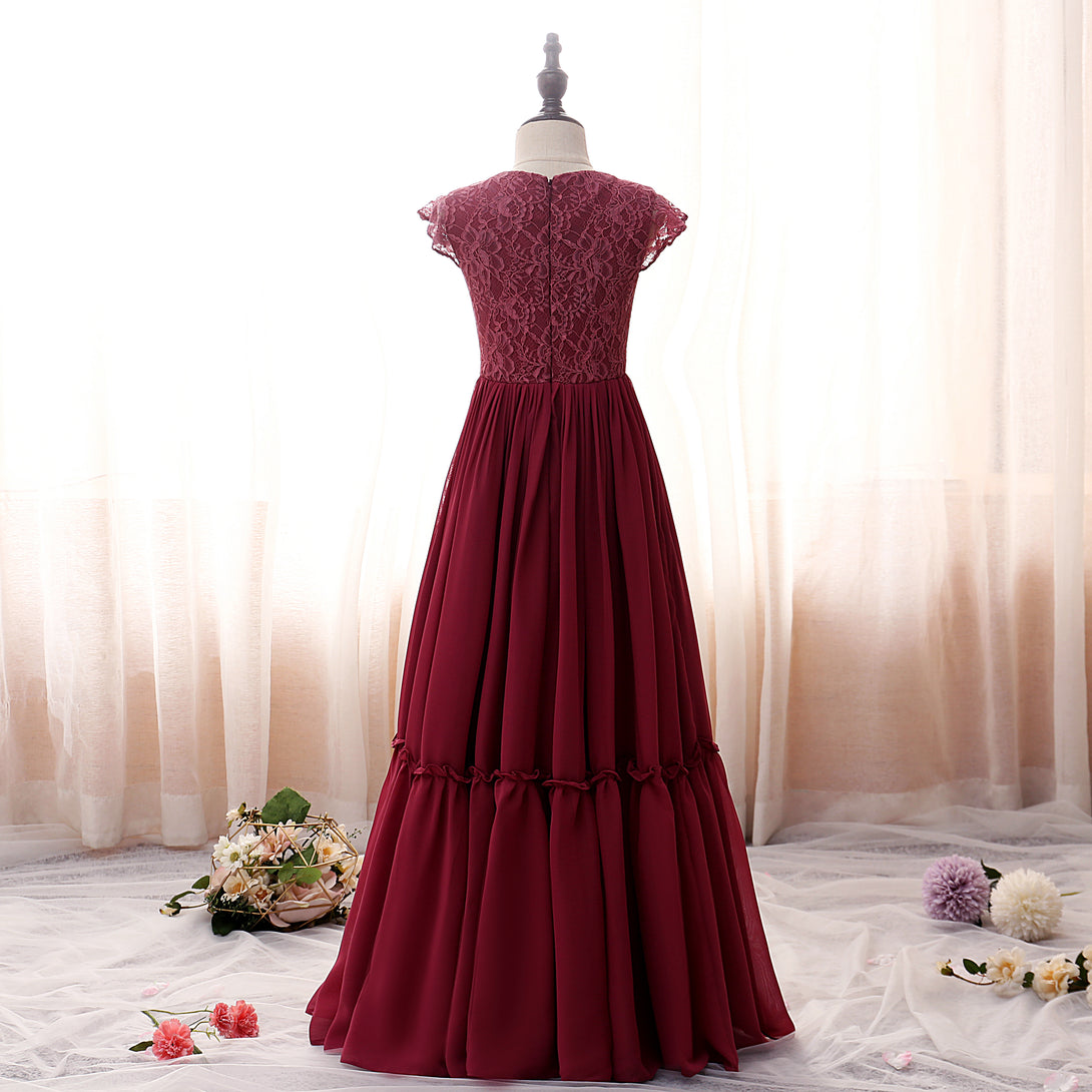 Boat Neck Flutter Straps Floor-Length Lace/Chiffon Girls Birthday Dresses With Ruffled Hem Gidiondress