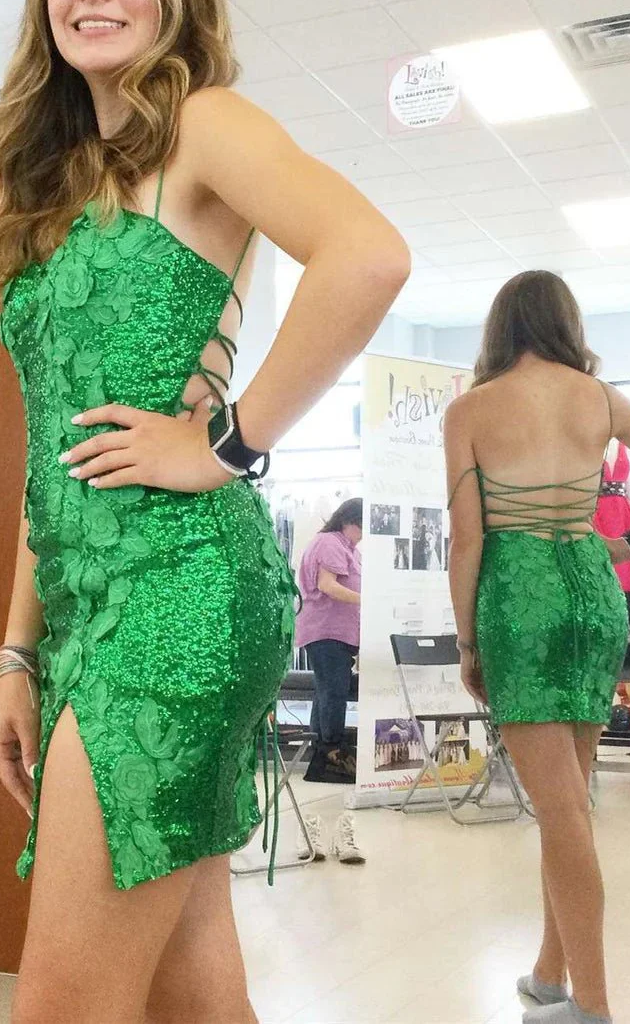 Sheath Sequin Open Back Homecoming Dress with 3D Flowers BabaMila