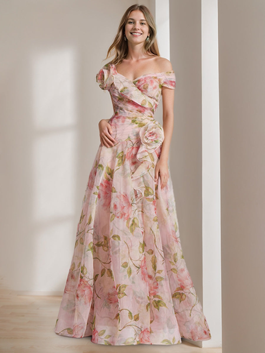 A-Line/Princess Off-The-Shoulder Printed Floral High-End Prom Dresses With Ruffles BabaMila