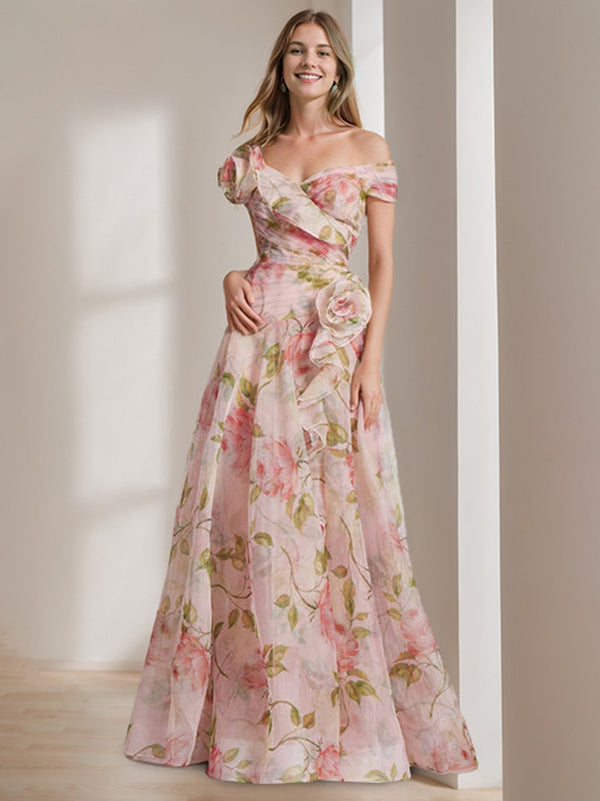 A-Line/Princess Off-The-Shoulder Printed Floral High-End Prom Dresses With Ruffles BabaMila