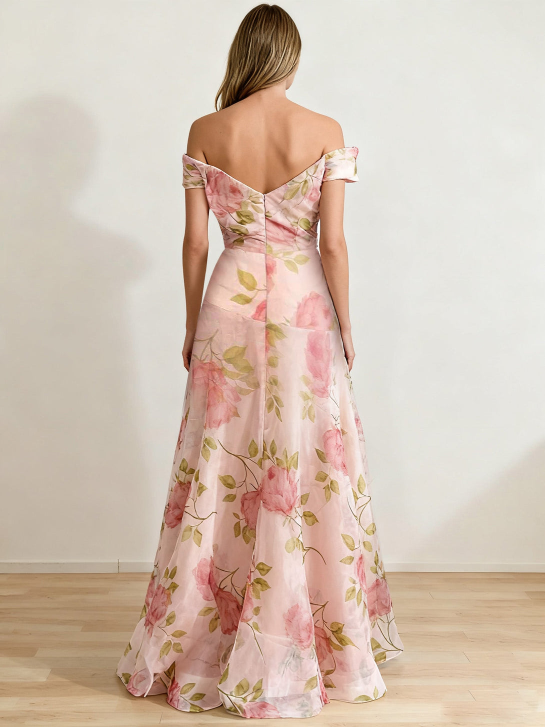 A-Line/Princess Off-The-Shoulder Printed Floral High-End Prom Dresses With Ruffles BabaMila