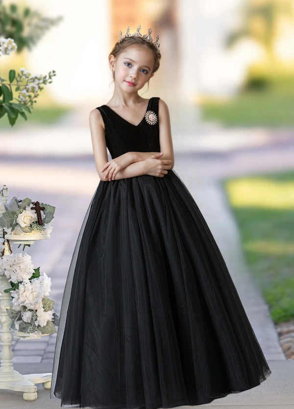 A-Line V-Neck Sleeveless Floor-Length Velvet/Tulle Girls Birthday Dresses With Brooch Girls Gidiondress