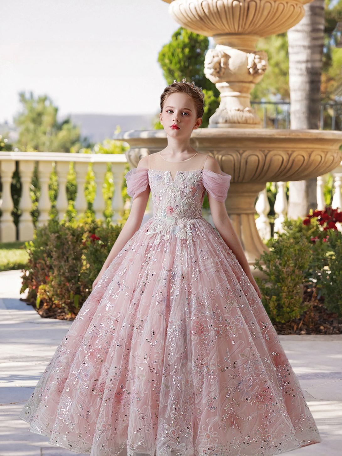Dazzling Scoop Neck Cold Shoulder Floor-Length Tulle/Lace/Sequins Ball Gown/Princess With Appliques Gidiondress Pink 12M