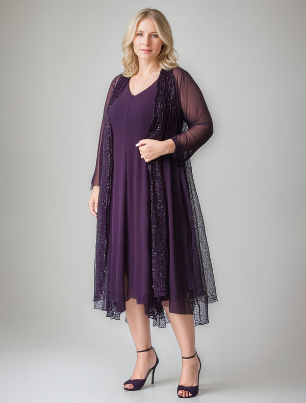 A-Line/Princess V-Neck Sleeveless Asymmetrical Mother Of The Bride Dresses With Sheer Sparkle Long Jacket BabaMila