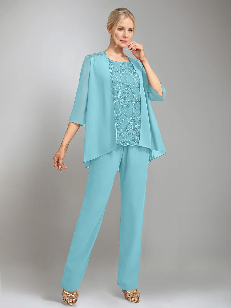 3 Pieces Scoop Sleeveless Floor-Length Mother Of The Bride Pantsuits With Jacket BabaMila