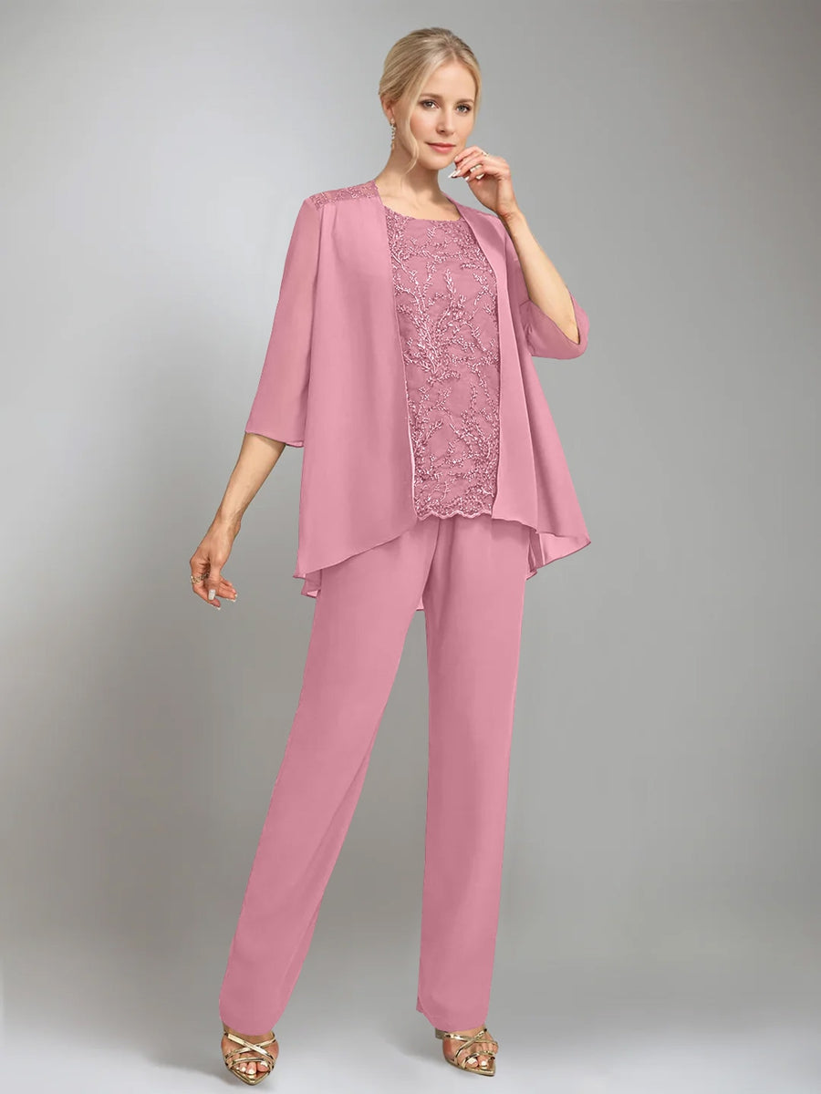 3 Pieces Scoop Sleeveless Floor-Length Mother Of The Bride Pantsuits With Jacket BabaMila