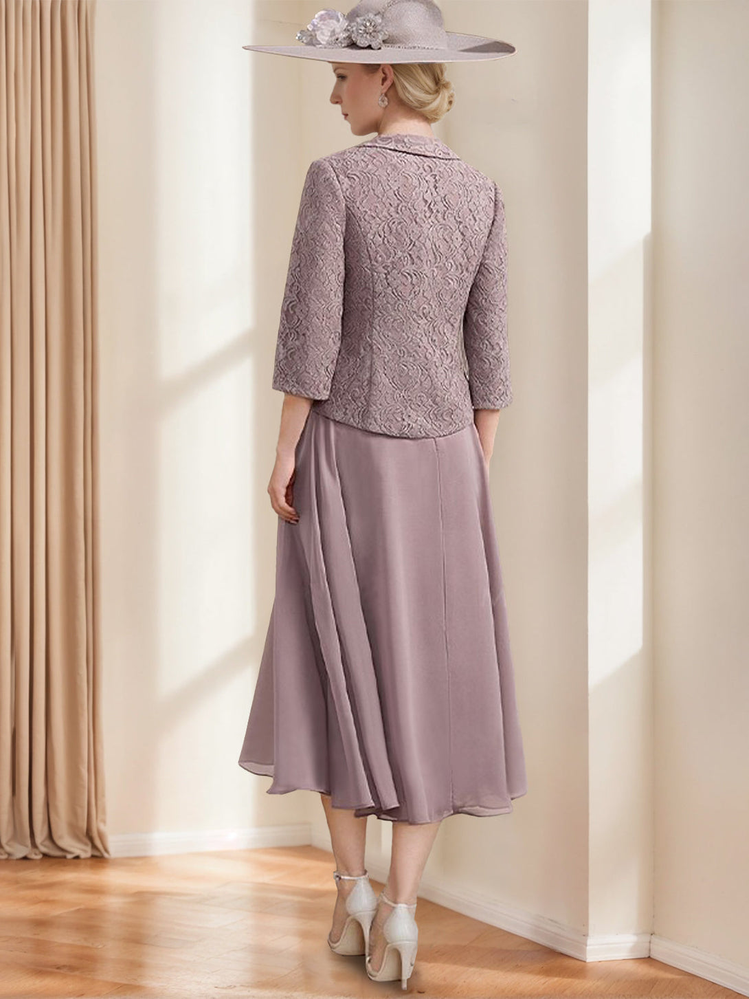 A-Line/Princess Scoop Sleeveless Tea-Length Mother Of The Bride Dresses With Jacket & Lace Appliques BabaMila