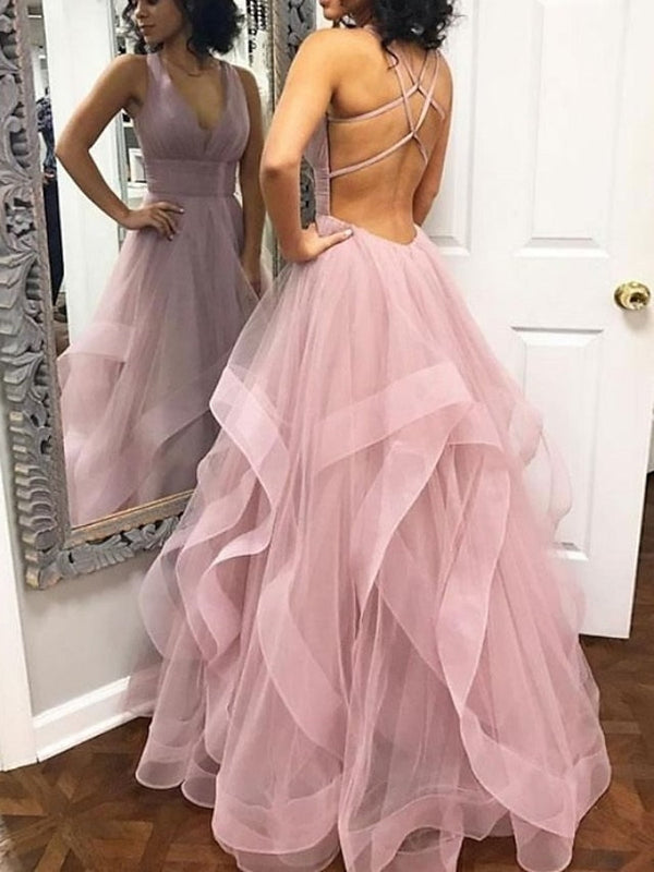 A-Line/Princess V-Neck Tulle Floor-length Prom Dresses With Cascading Ruffles BabaMila