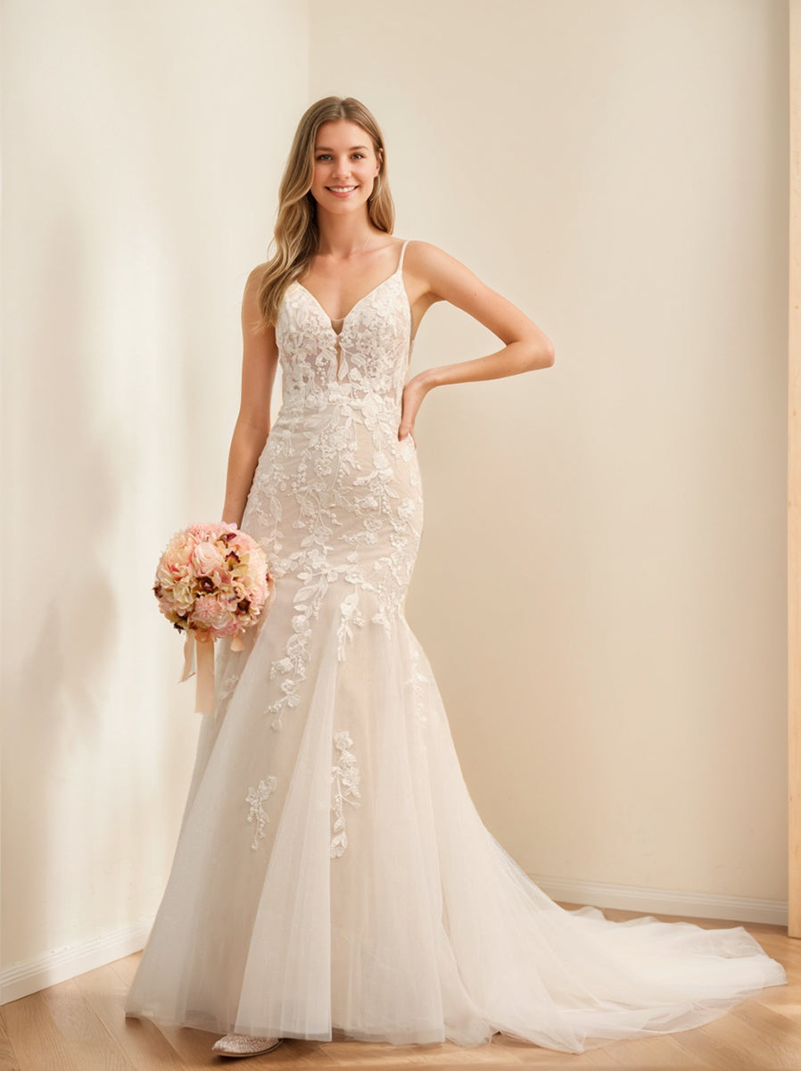 Trumpet/Mermaid Spaghetti Straps Long Tulle Wedding Dresses with Lace Appliques BabaMila