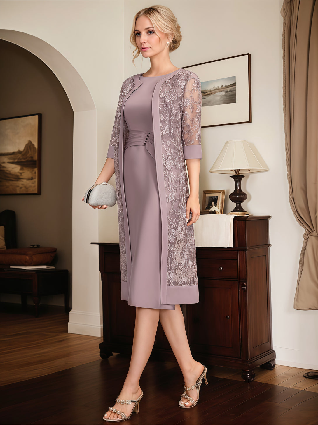 Sheath Scoop Neck 3/4 Sleeve Tea-Length Chiffon/Lace Mother of the Bride Dress With Pleated/Jacket/Beads BabaMila