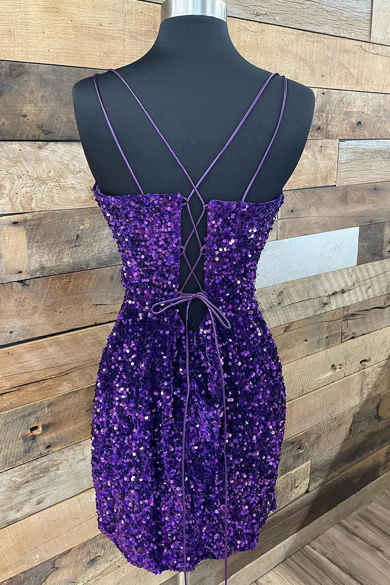 Sheath/Column Spaghetti Straps Sleeveless V-Neck Short/Mini Party Dance Cocktail Homecoming Dress BabaMila