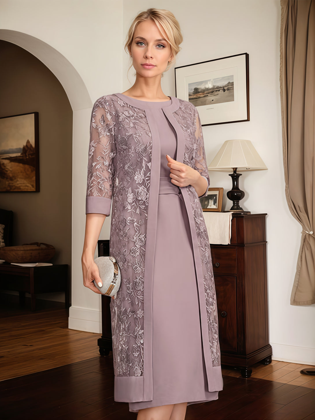 Sheath Scoop Neck 3/4 Sleeve Tea-Length Chiffon/Lace Mother of the Bride Dress With Pleated/Jacket/Beads BabaMila