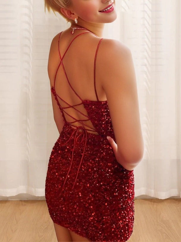 Sheath/Column Spaghetti Straps Sleeveless V-Neck Short/Mini Party Dance Cocktail Homecoming Dress BabaMila