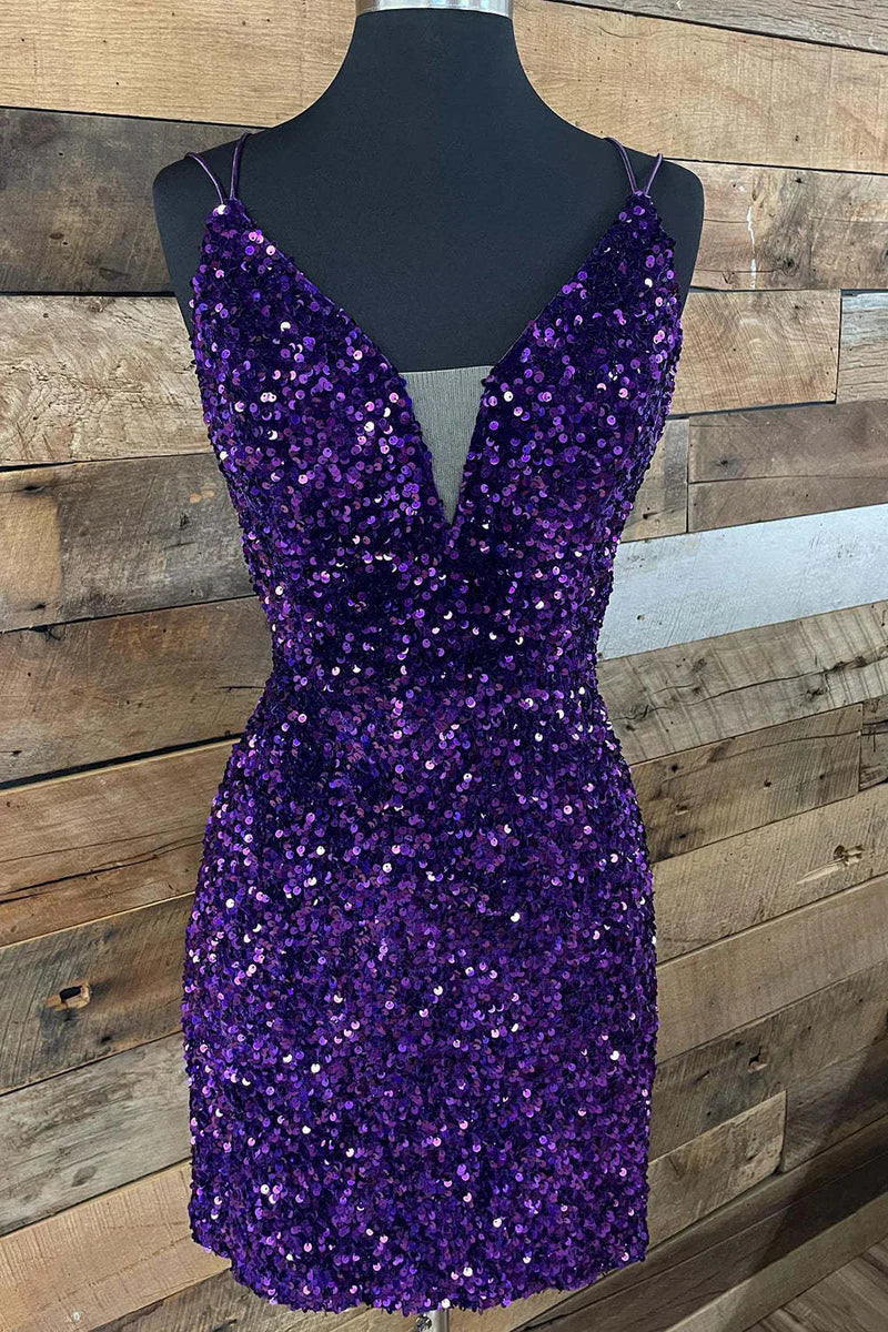 Sheath/Column Spaghetti Straps Sleeveless V-Neck Short/Mini Party Dance Cocktail Homecoming Dress BabaMila