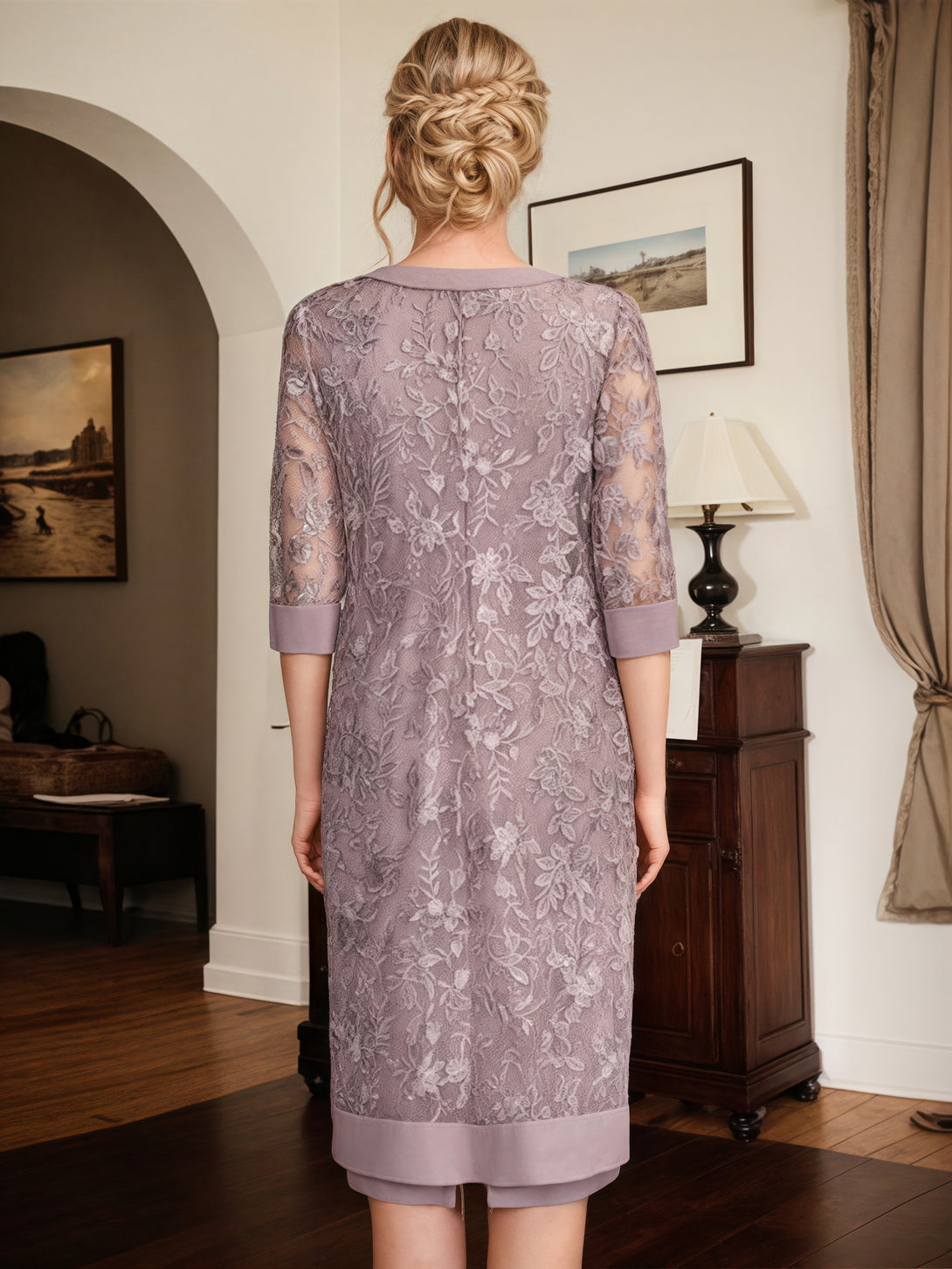 Sheath Scoop Neck 3/4 Sleeve Tea-Length Chiffon/Lace Mother of the Bride Dress With Pleated/Jacket/Beads BabaMila