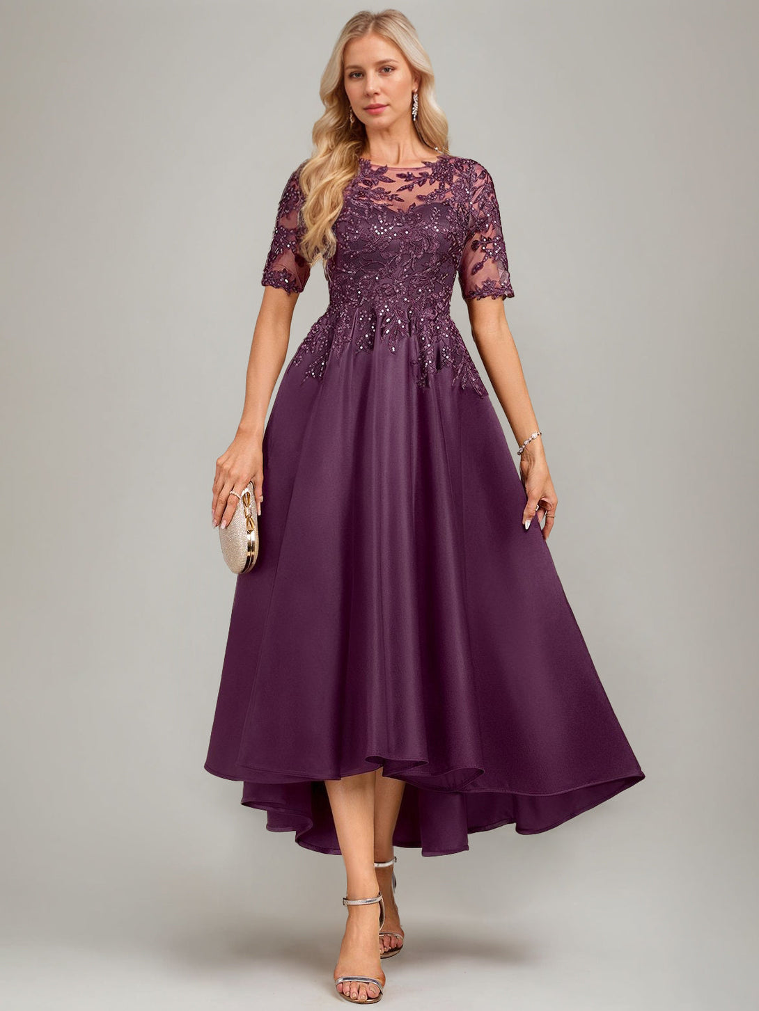 A-Line/Princess Scoop Short Sleeves Asymmetrical Pleated Mother Of The Bride Dresses With Lace Appliques & Sequins BabaMila