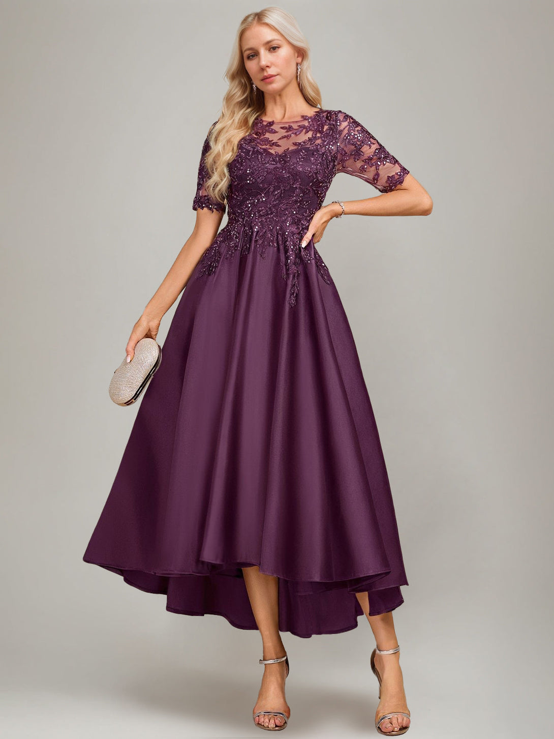 A-Line/Princess Scoop Short Sleeves Asymmetrical Pleated Mother Of The Bride Dresses With Lace Appliques & Sequins BabaMila