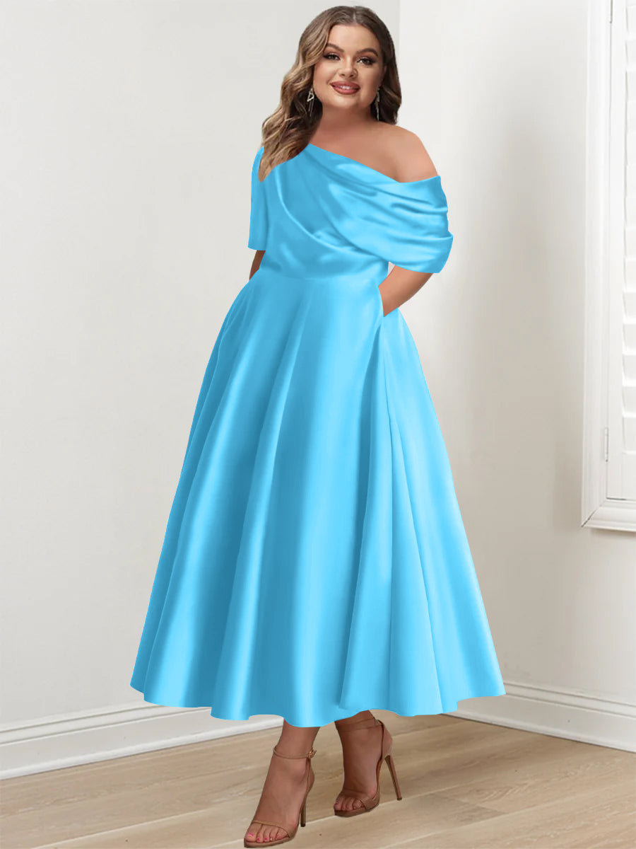 A-Line/Princess One-Shoulder Half Sleeve Ankle-Length Plus Size Mother Of The Bride Dresses With Ruffles BabaMila