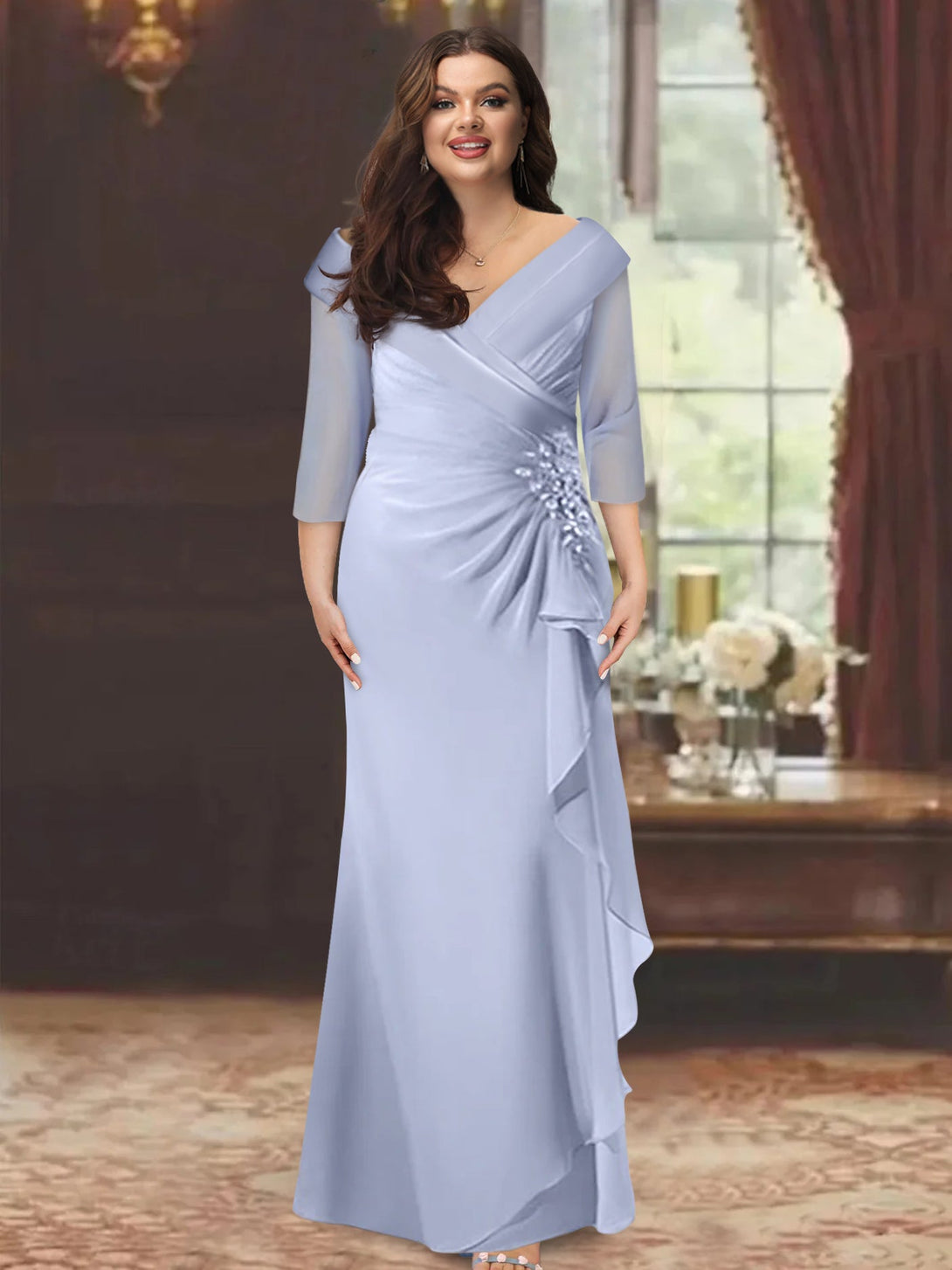 Sheath/Column V-Neck Half Sleeves Floor-Length Plus Size Mother Of The Bride Dresses With Ruffles & Appliques BabaMila