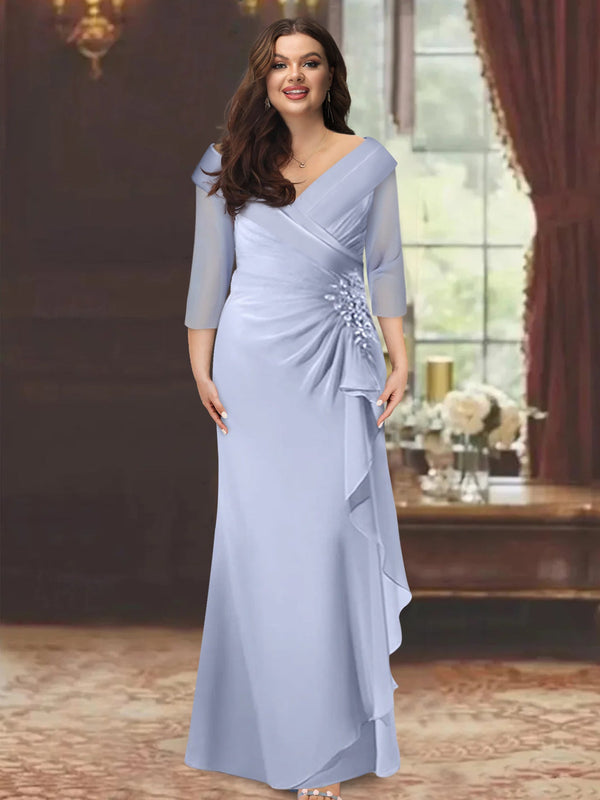 Sheath/Column V-Neck Half Sleeves Floor-Length Plus Size Mother Of The Bride Dresses With Ruffles & Appliques BabaMila
