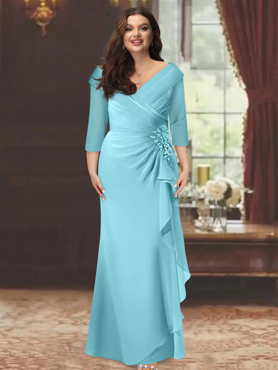 Sheath/Column V-Neck Half Sleeves Floor-Length Plus Size Mother Of The Bride Dresses With Ruffles & Appliques BabaMila