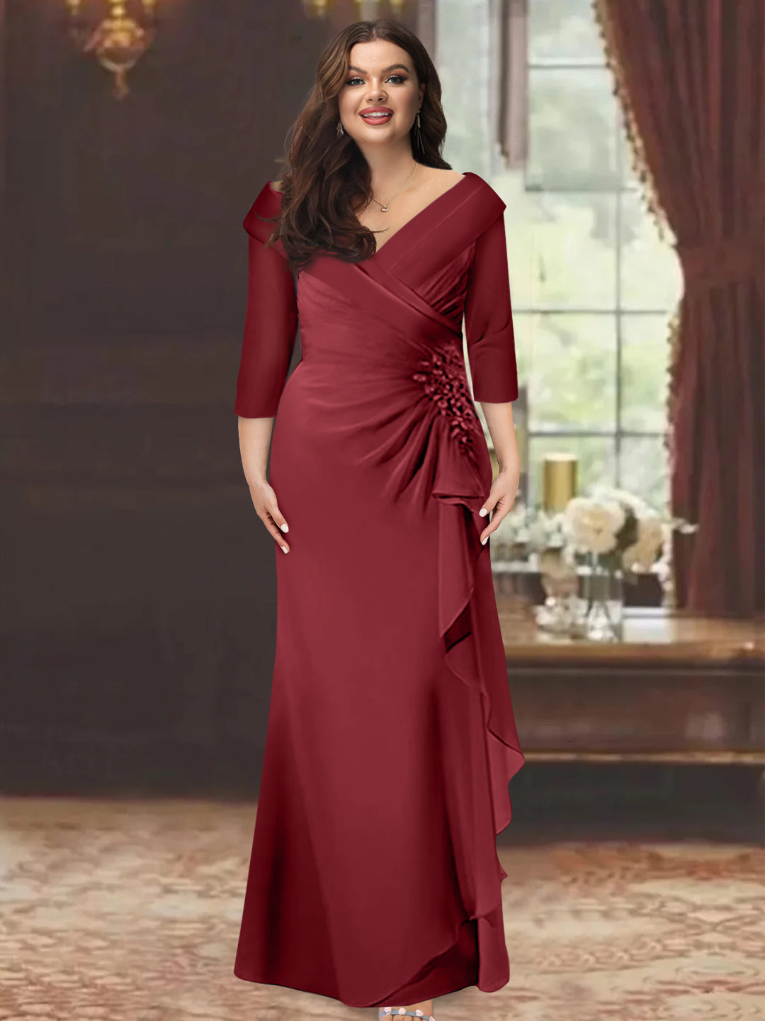 Sheath/Column V-Neck Half Sleeves Floor-Length Plus Size Mother Of The Bride Dresses With Ruffles & Appliques BabaMila