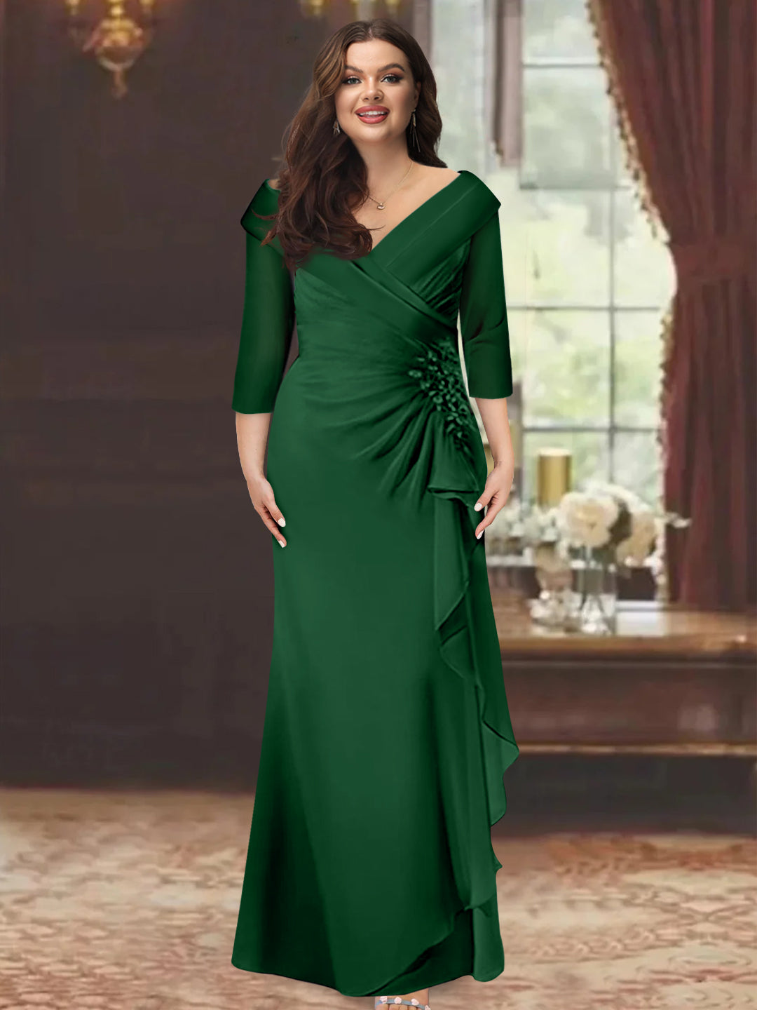 Sheath/Column V-Neck Half Sleeves Floor-Length Plus Size Mother Of The Bride Dresses With Ruffles & Appliques BabaMila