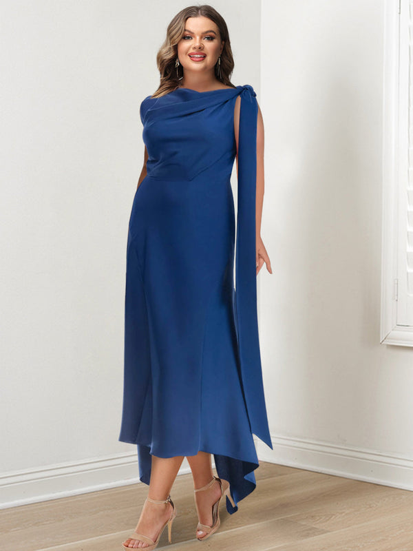 Sheath/Column Jewel Neck Tea-Length Asymmetrical Plus Size Mother Of The Bride Dresses With Ruched BabaMila