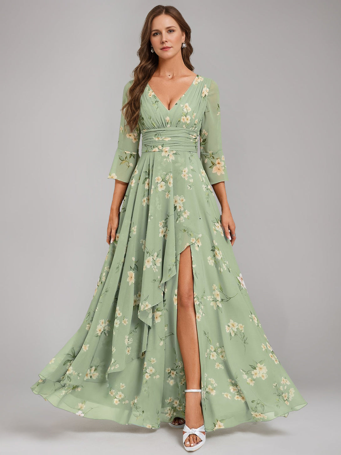 A-Line/Princess V-Neck 3/4 Sleeves Floor-Length Ruched Printed Floral Pleated Mother Of The Bride Dresses With Ruffles & Slit BabaMila