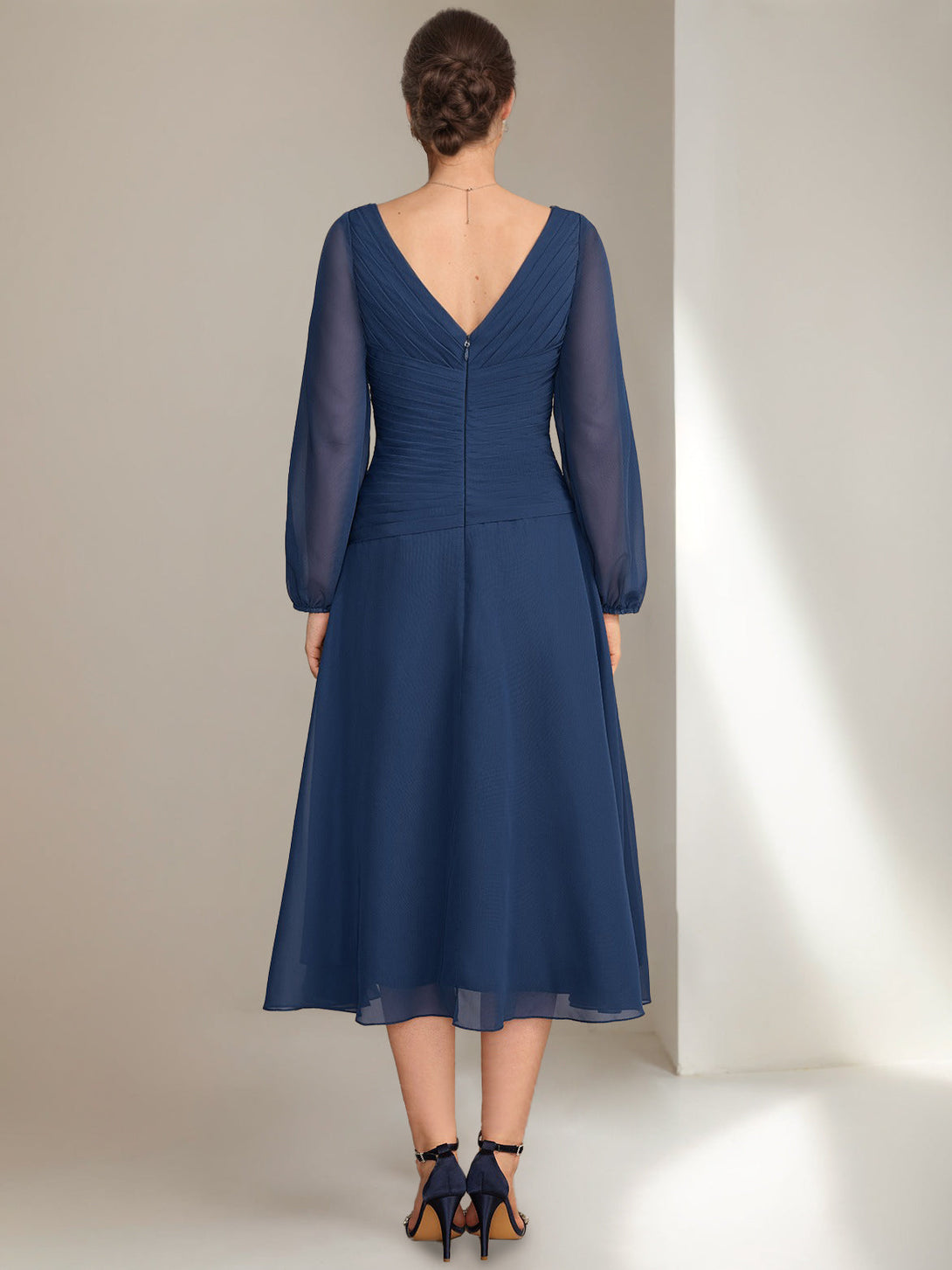 A-Line/Princess V-Neck Long Sleeves Tea-Length Ruched Mother Of The Bride Dresses With Ruffles & Jewel Appliques BabaMila