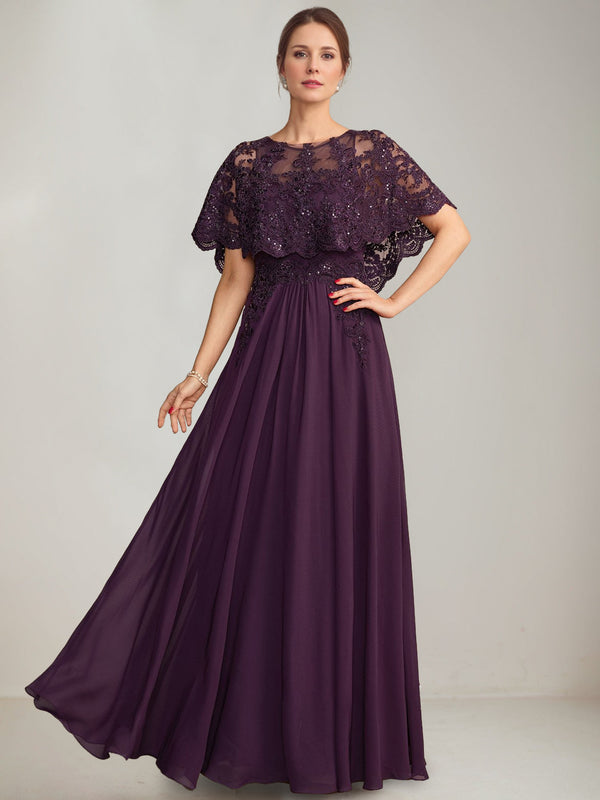 A-Line/Princess Scoop Cape Sleeves Floor-Length Pleated Mother Of The Bride Dresses With Lace Appliques & Sequins BabaMila