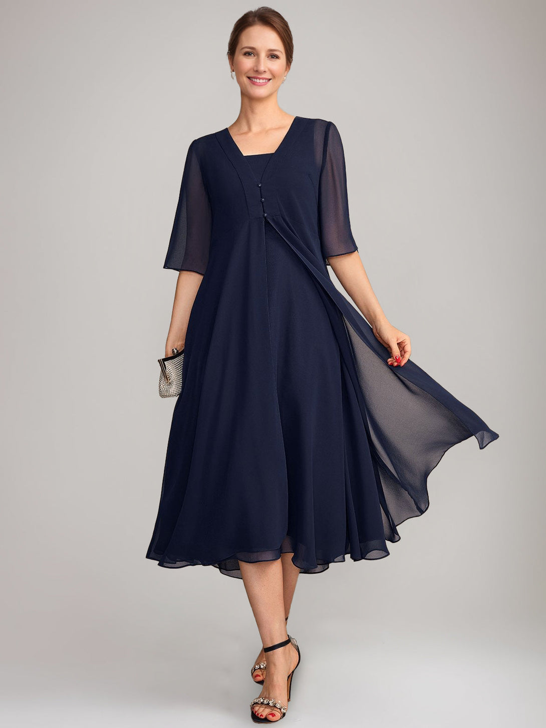 A-Line/Princess Square Neck Sleeveless Tea-Length Mother Of The Bride Dresses With Long Jacket BabaMila