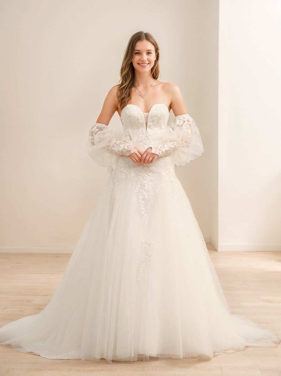 A-Line/Princess Sweetheart Neck Segmented Sleeves Long Wedding Dresses with Appliques BabaMila